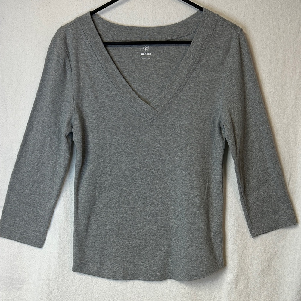 Caslon Women's Heather Gray V Neck 3/4 Sleeve Tee Size L 100% Cotton